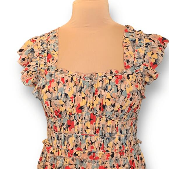 Sea New York Ensley Flutter Sleeve Silk Floral Midi Dress Yellow Ruffle Large - Picture 3 of 15